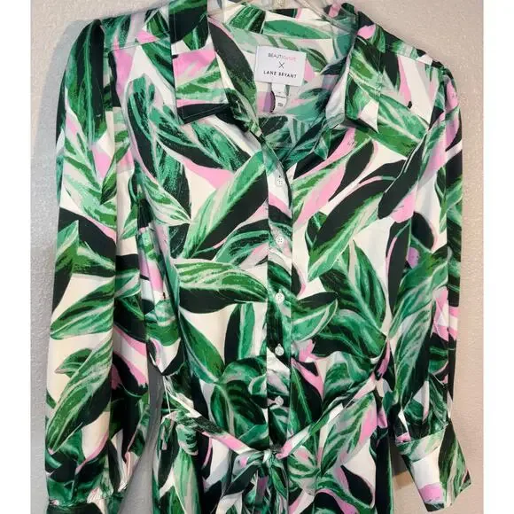 Lane Bryant Sz 18 BeautiCurve Silky Dress Green Pink Leaf Print Belted tailored - Picture 4 of 10